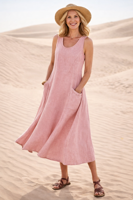 Women's Summer Midi Dress | Sleeveless A-Line with Pockets