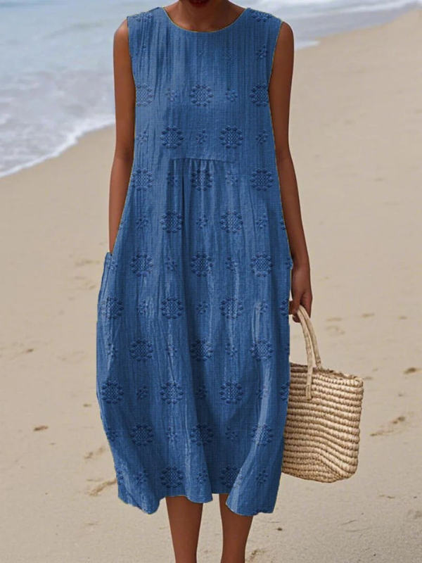 Women's Summer Midi Dress | Sleeveless Embroidered Pattern
