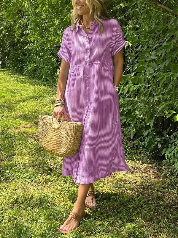 Women's Summer Midi Dress | Striped Button-Up & Collared Neckline