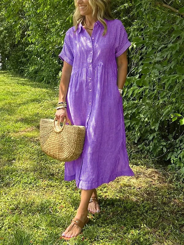 Women's Summer Midi Dress | Striped Button-Up & Collared Neckline