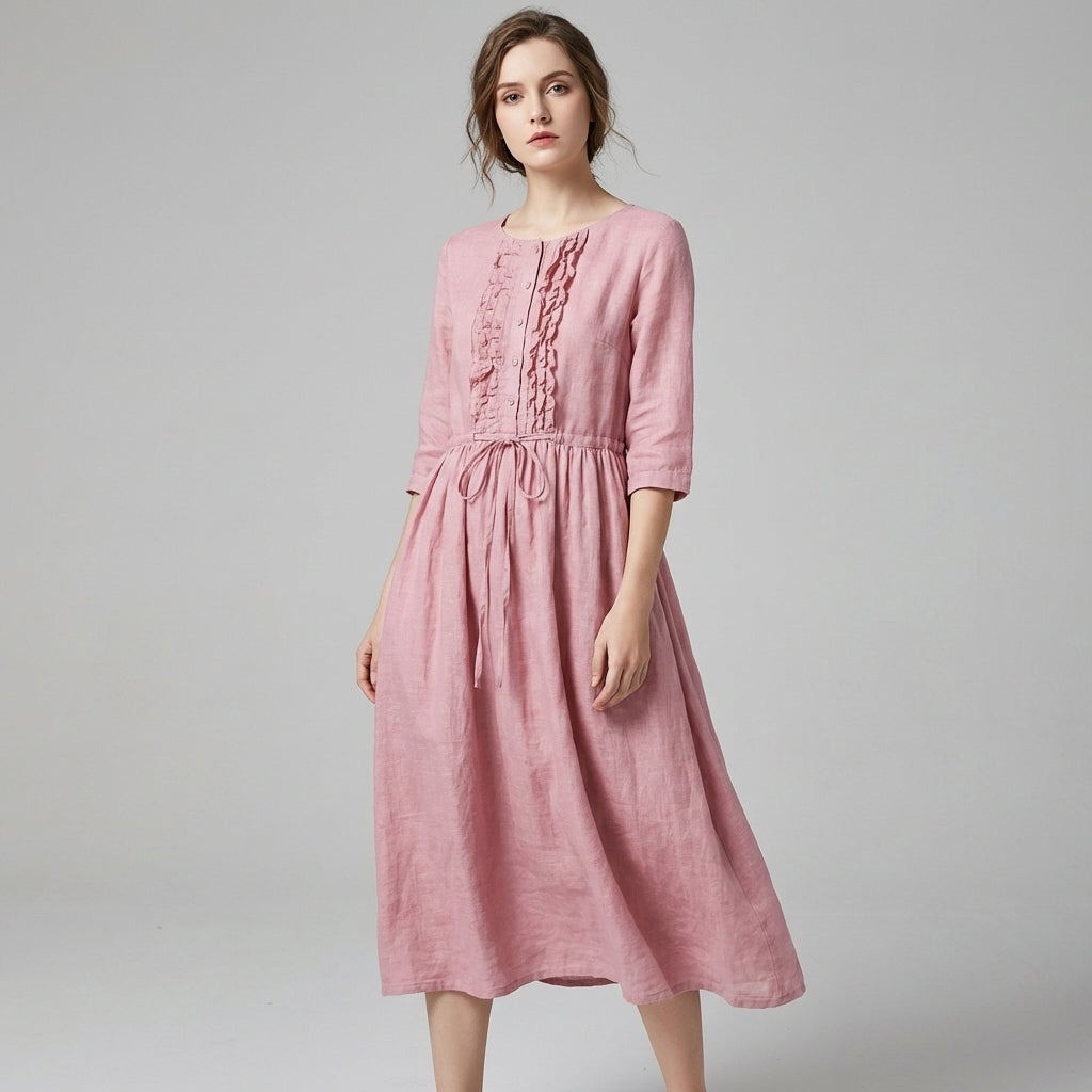 Women's Summer Midi Dress | Tie Waist Round Neck