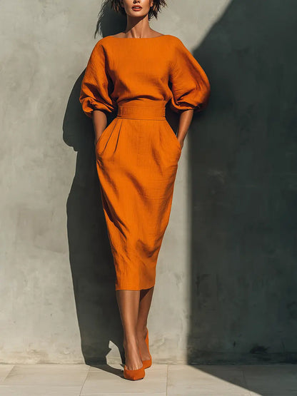 Women's Summer Midi Dress | Two-Piece Set Puff Sleeve & Fitted Skirt