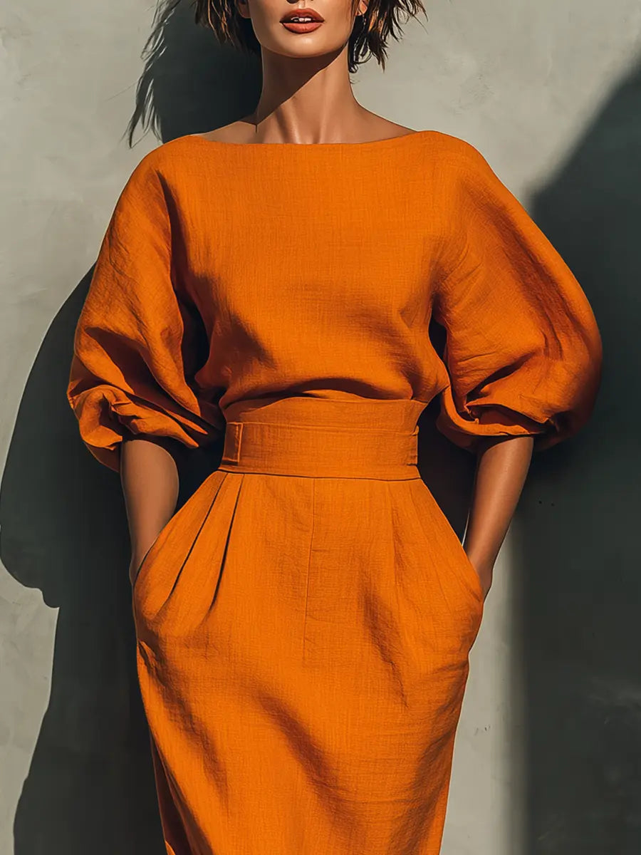 Women's Summer Midi Dress | Two-Piece Set Puff Sleeve & Fitted Skirt