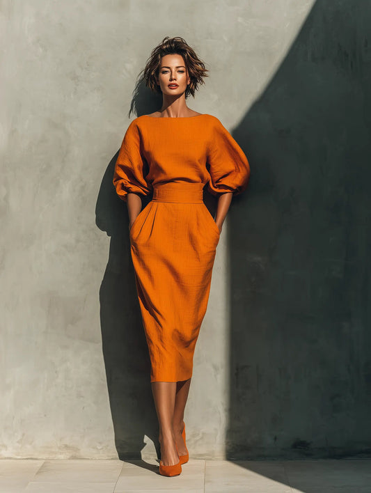 Women's Summer Midi Dress | Two-Piece Set Puff Sleeve & Fitted Skirt