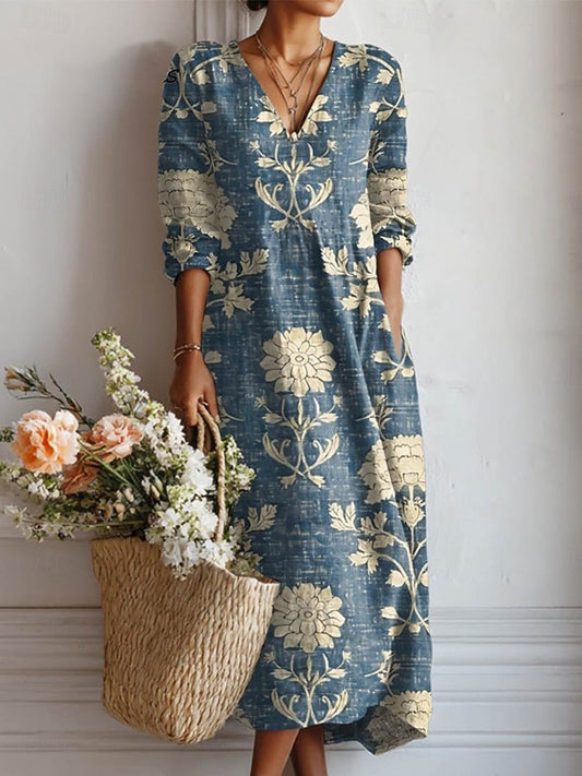 Women's Summer Midi Dress | Vintage Floral Boho V-Neck & Pocket Design