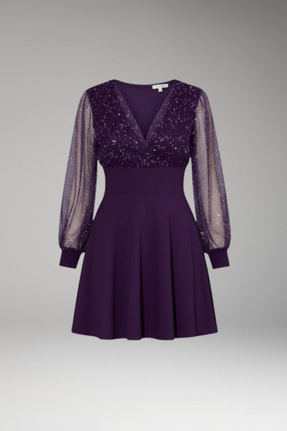 Women's Summer Mini Dress | Sheer Sleeves & Sparkling V-Neck for Special Occasions