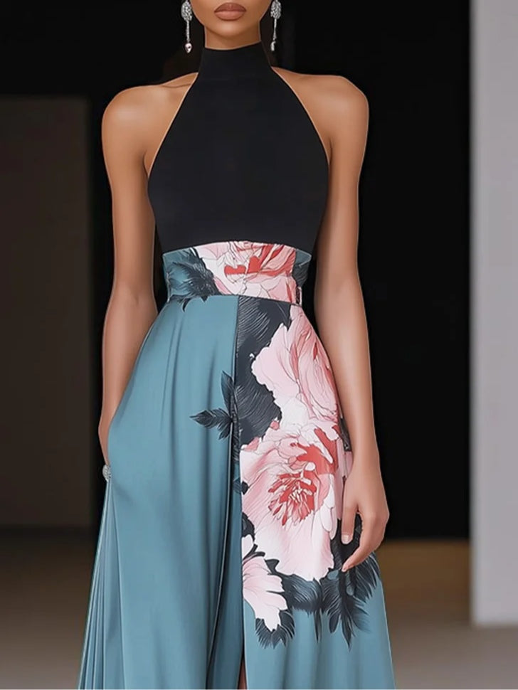 Women's Summer Sleeveless Maxi Dress | Floral Panel & Front Slit