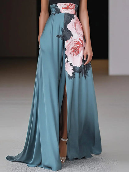 Women's Summer Sleeveless Maxi Dress | Floral Panel & Front Slit