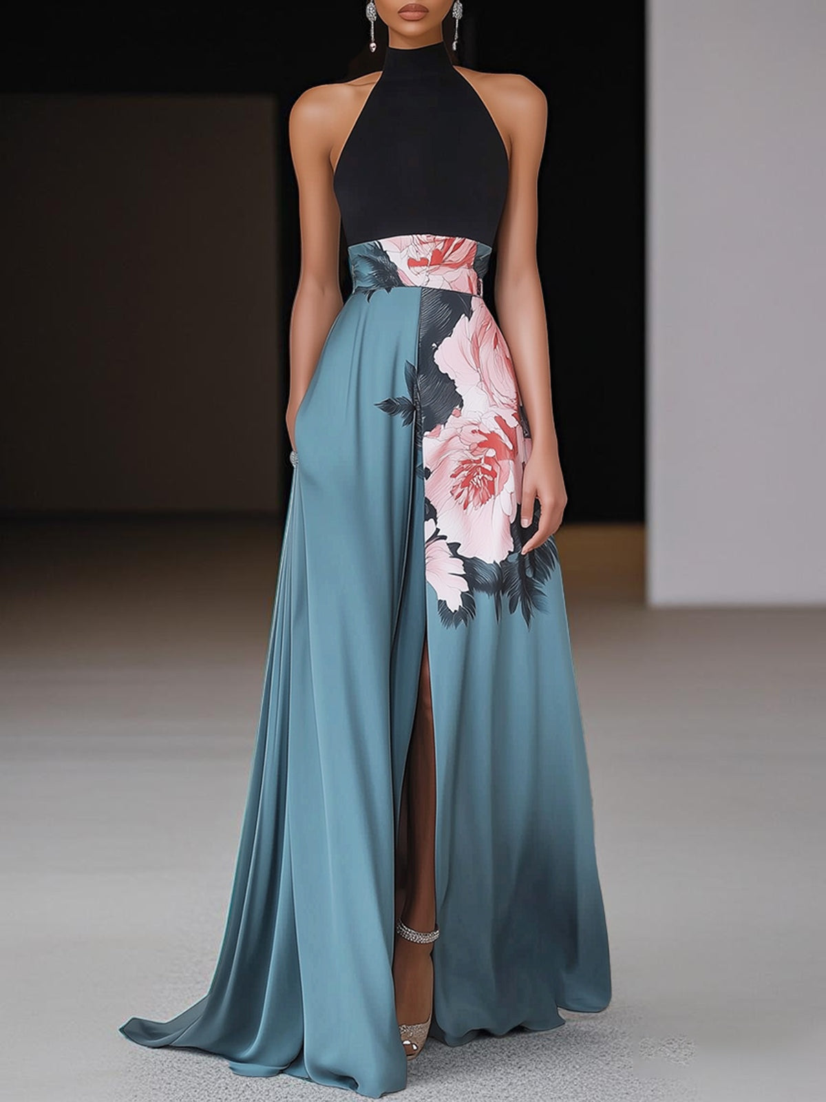 Women's Summer Sleeveless Maxi Dress | Floral Panel & Front Slit