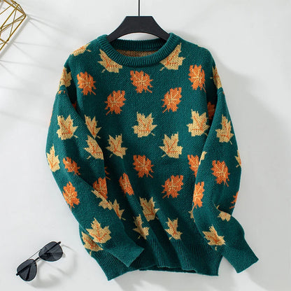 Women's Sweater | All-Over Leaf Pattern, Ribbed Cuffs