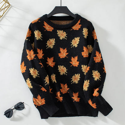 Women's Sweater | All-Over Leaf Pattern, Ribbed Cuffs