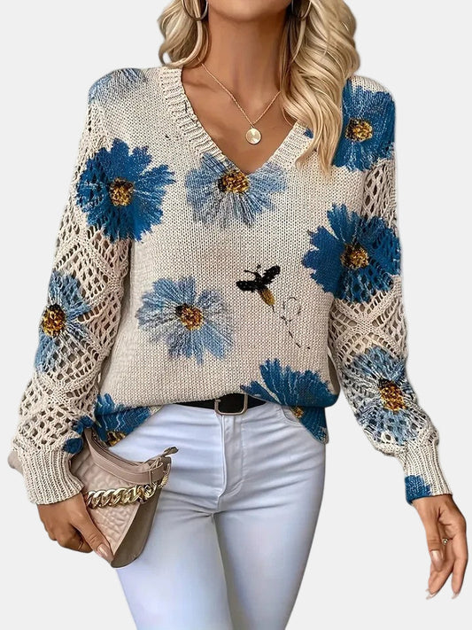 Women's Sweater | Floral Knit, Open-Weave Sleeves
