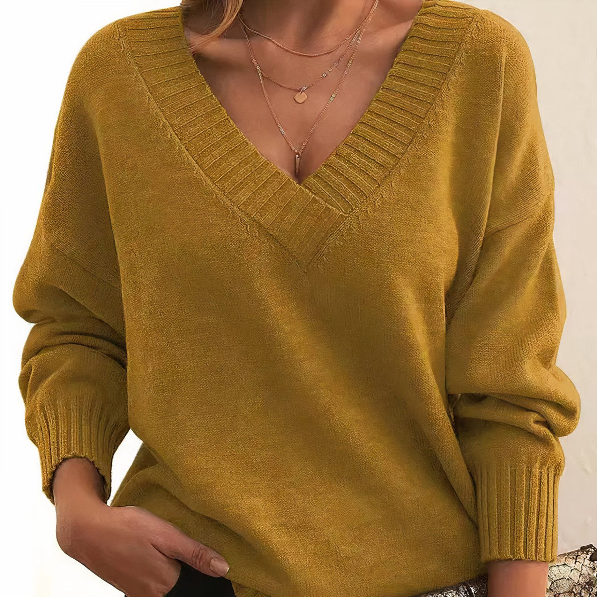 Women's Sweater | Gathered Deep V Neckline, Ribbed Cuffs