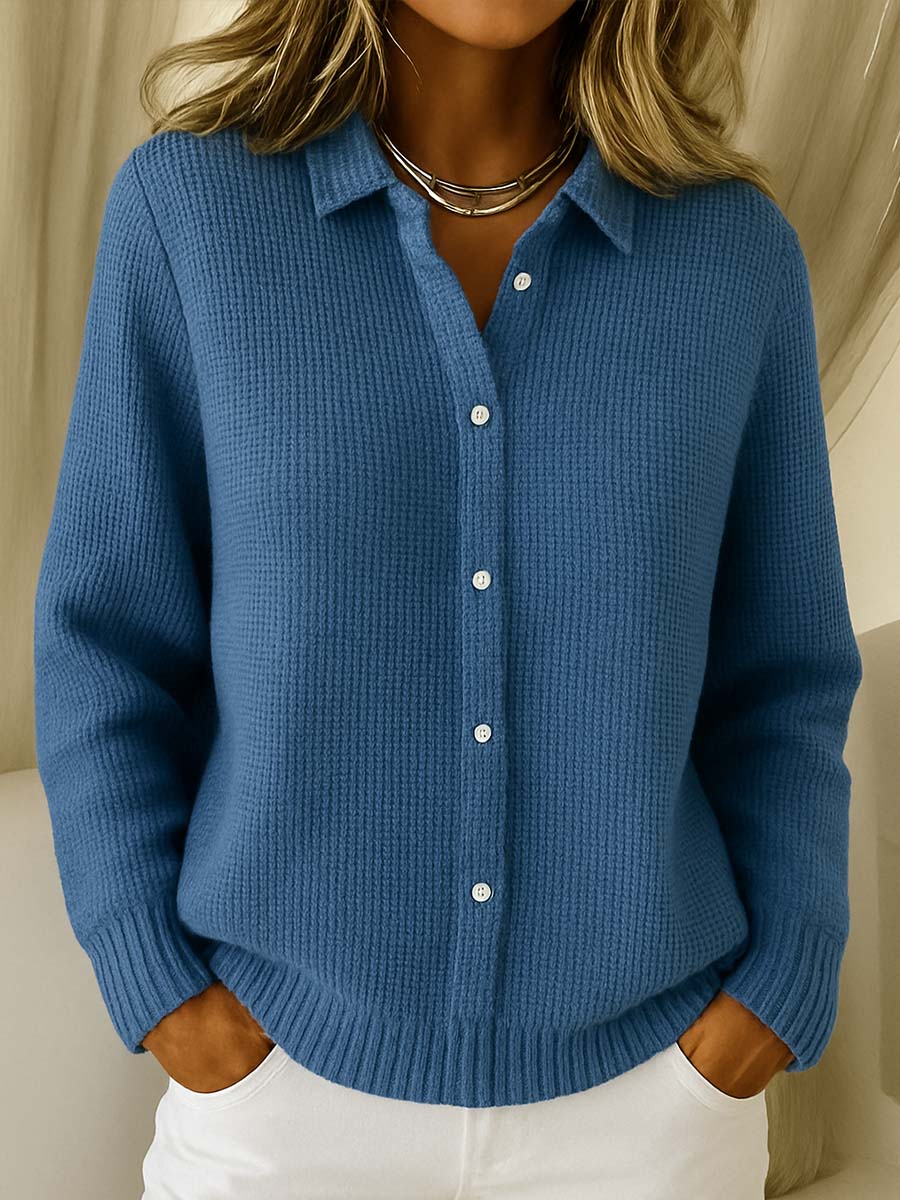 Women's Sweater | Point Collar, Full Button Front, Waffle