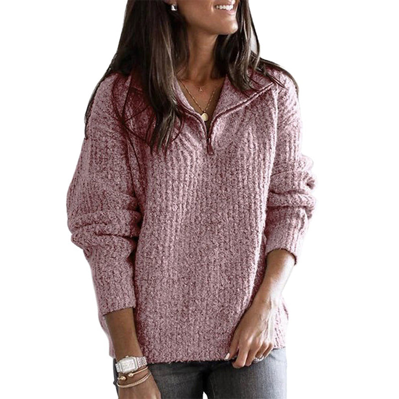 Women's Sweater | Quarter Zip Front, Fold-Back Collar