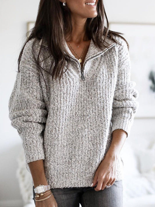 Women's Sweater | Quarter Zip Front, Fold-Back Collar