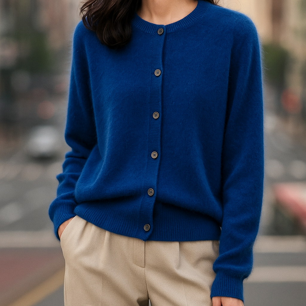 Women's Sweater | Ribbed Crew Neck, Buttoned Placket