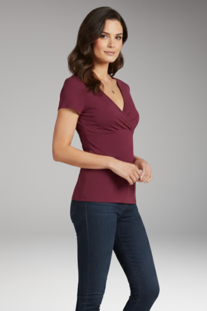 Women's T-Shirt | Wrap V-Neck with Ruched Waist & Short Sleeves