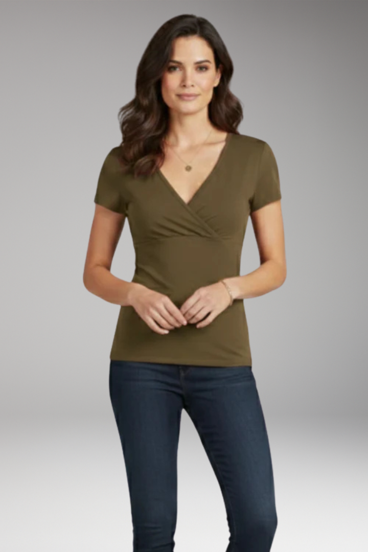Women's T-Shirt | Wrap V-Neck with Ruched Waist & Short Sleeves