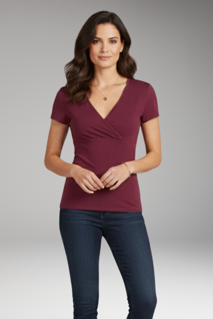 Women's T-Shirt | Wrap V-Neck with Ruched Waist & Short Sleeves