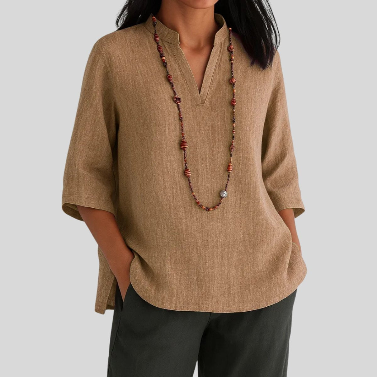Women's Three Quarter Sleeve Top | Green Linen V-Neck Tunic
