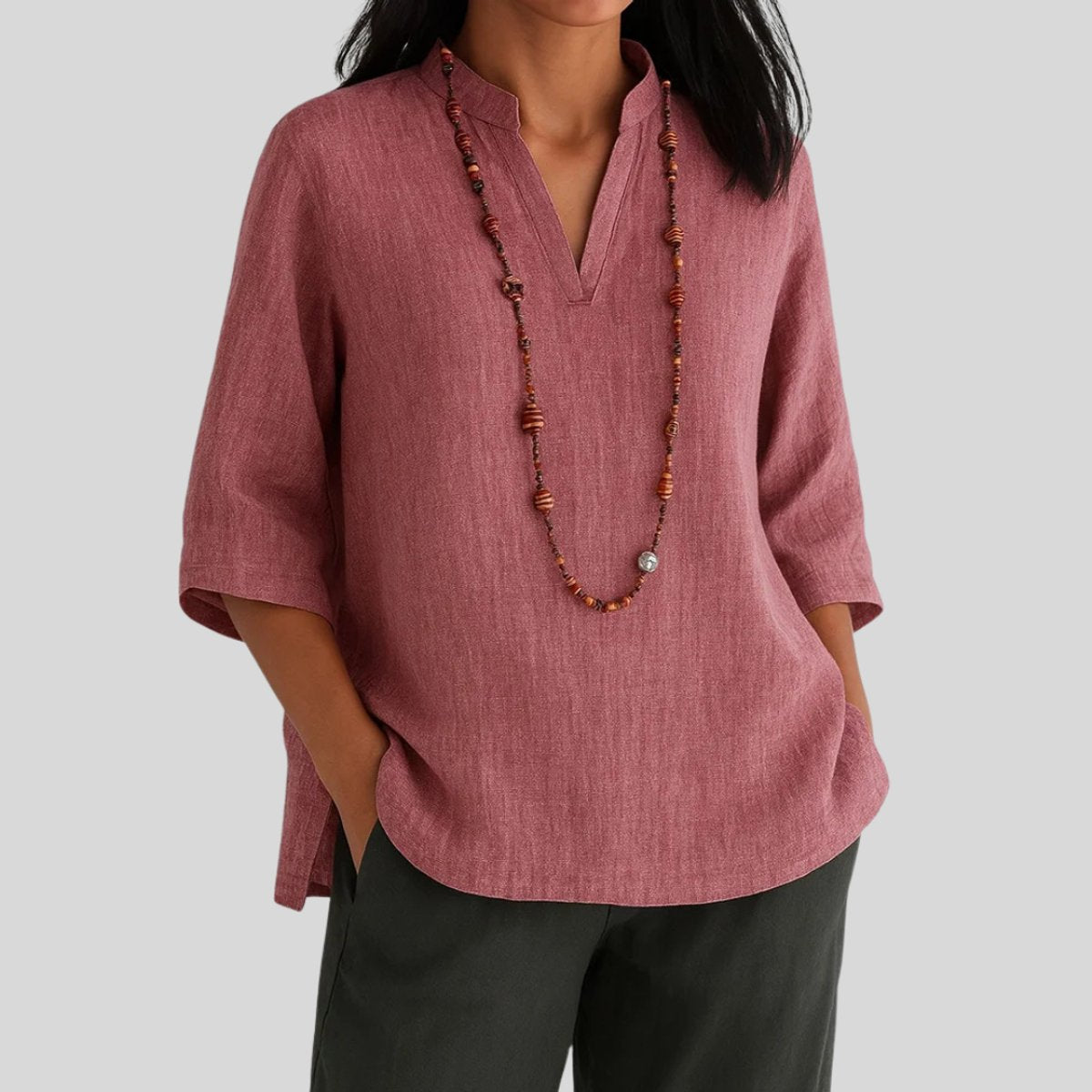 Women's Three Quarter Sleeve Top | Green Linen V-Neck Tunic