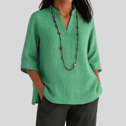 Women's Three Quarter Sleeve Top | Green Linen V-Neck Tunic
