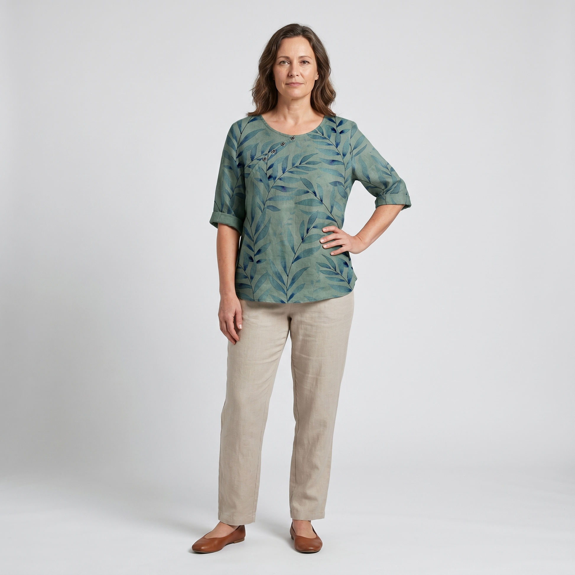 Women's Top | Leaf Print Blouse with Asymmetric Button Detail