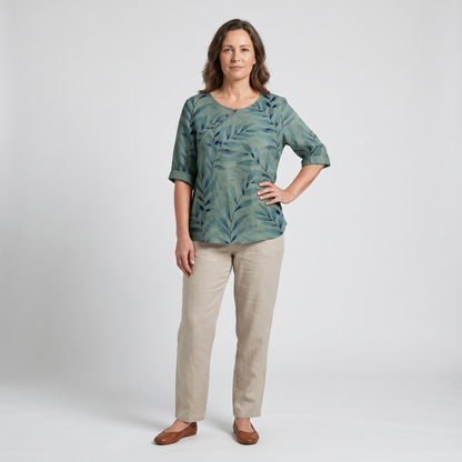 Women's Top | Leaf Print Blouse with Asymmetric Button Detail