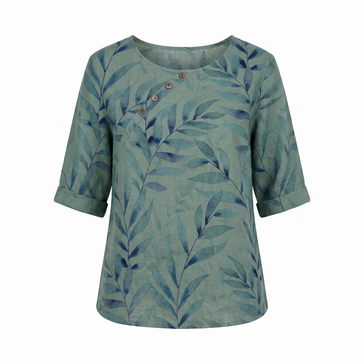 Women's Top | Leaf Print Blouse with Asymmetric Button Detail