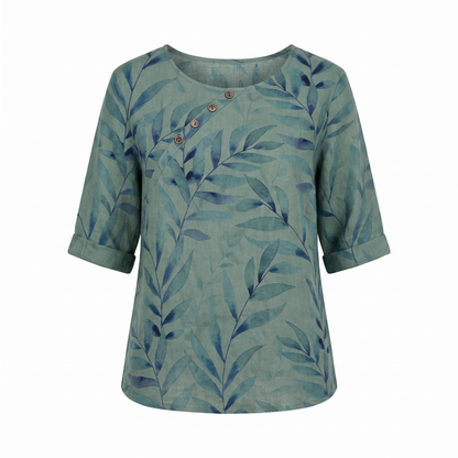 Women's Top | Leaf Print Blouse with Asymmetric Button Detail