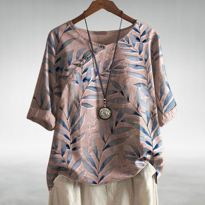 Women's Top | Leaf Print Blouse with Asymmetric Button Detail