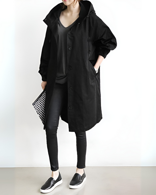 Women's Trench Coat | Drawcord Hood, Curved High-Low Hem
