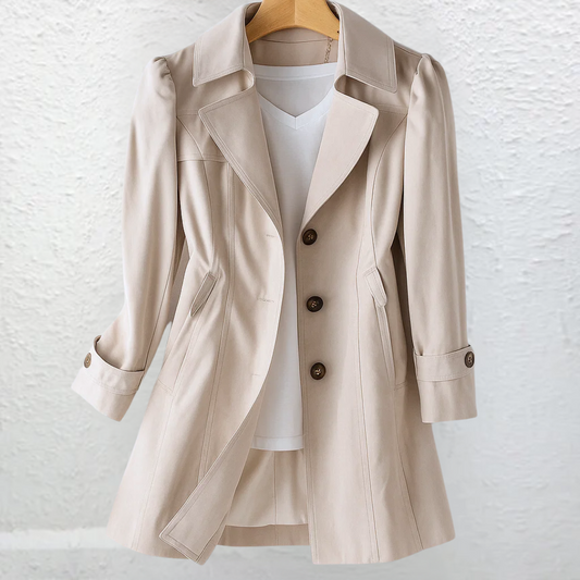 Women's Trench Coat | Puff Shoulder, Shaped Mid-Thigh Line