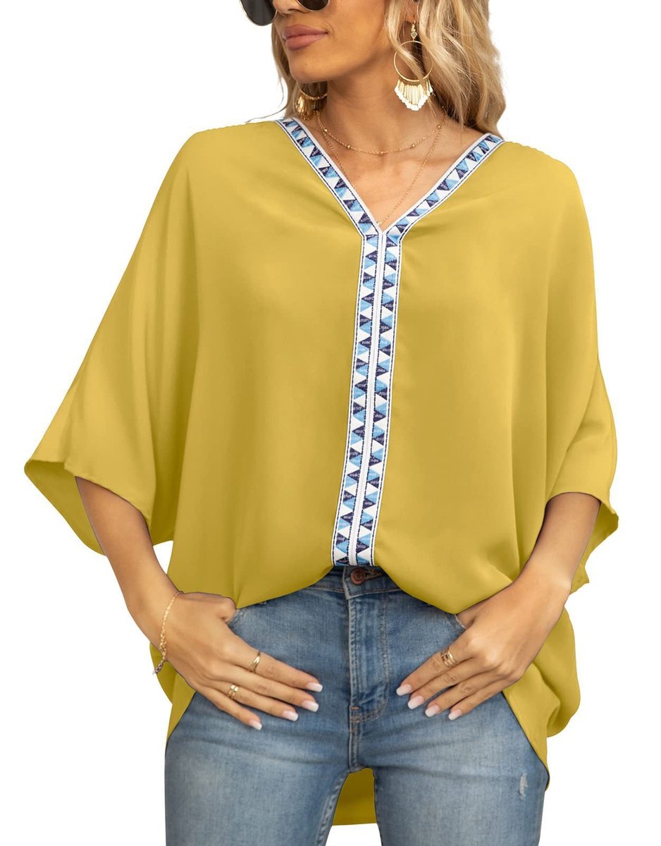 Women's Tunic Top | Geometric Trim Oversized V-Neck Blouse