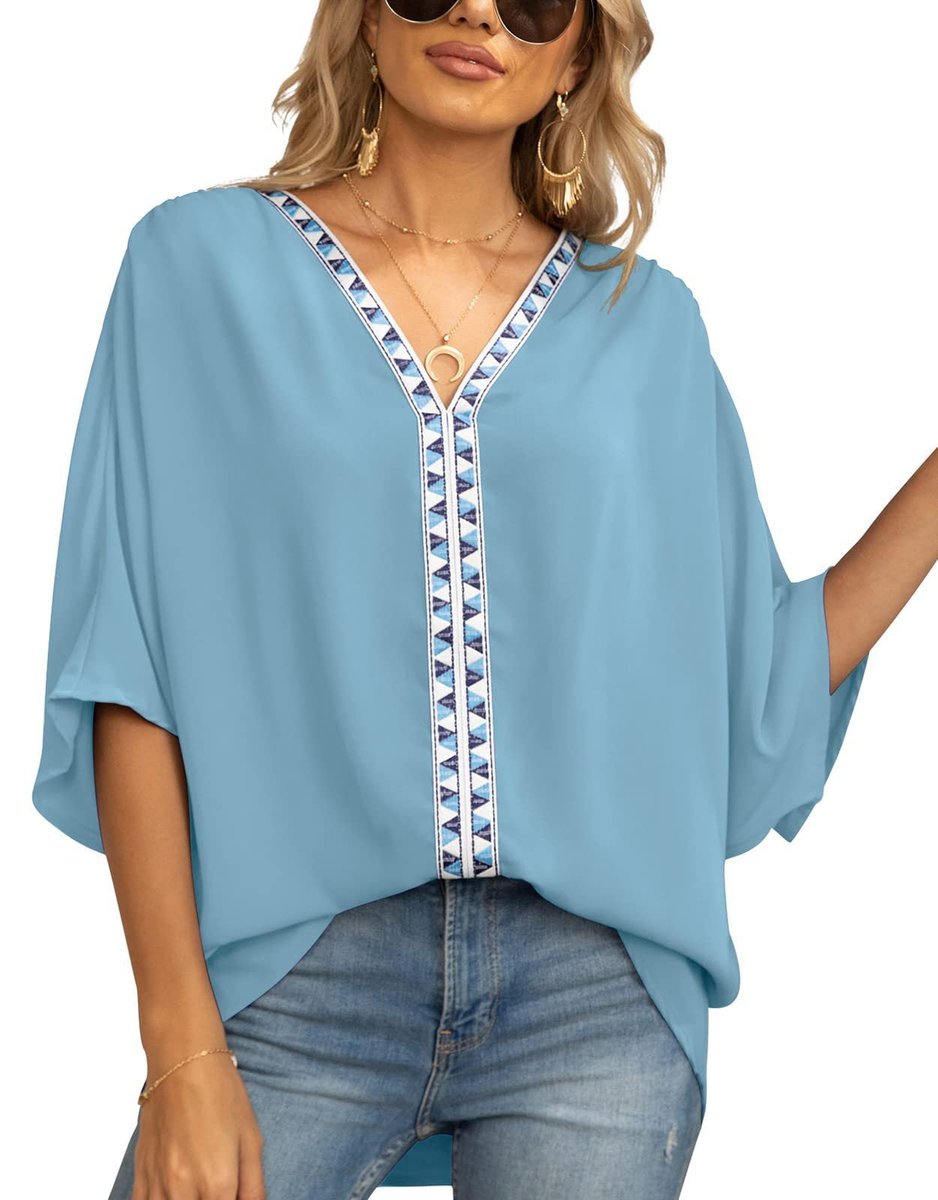 Women's Tunic Top | Geometric Trim Oversized V-Neck Blouse