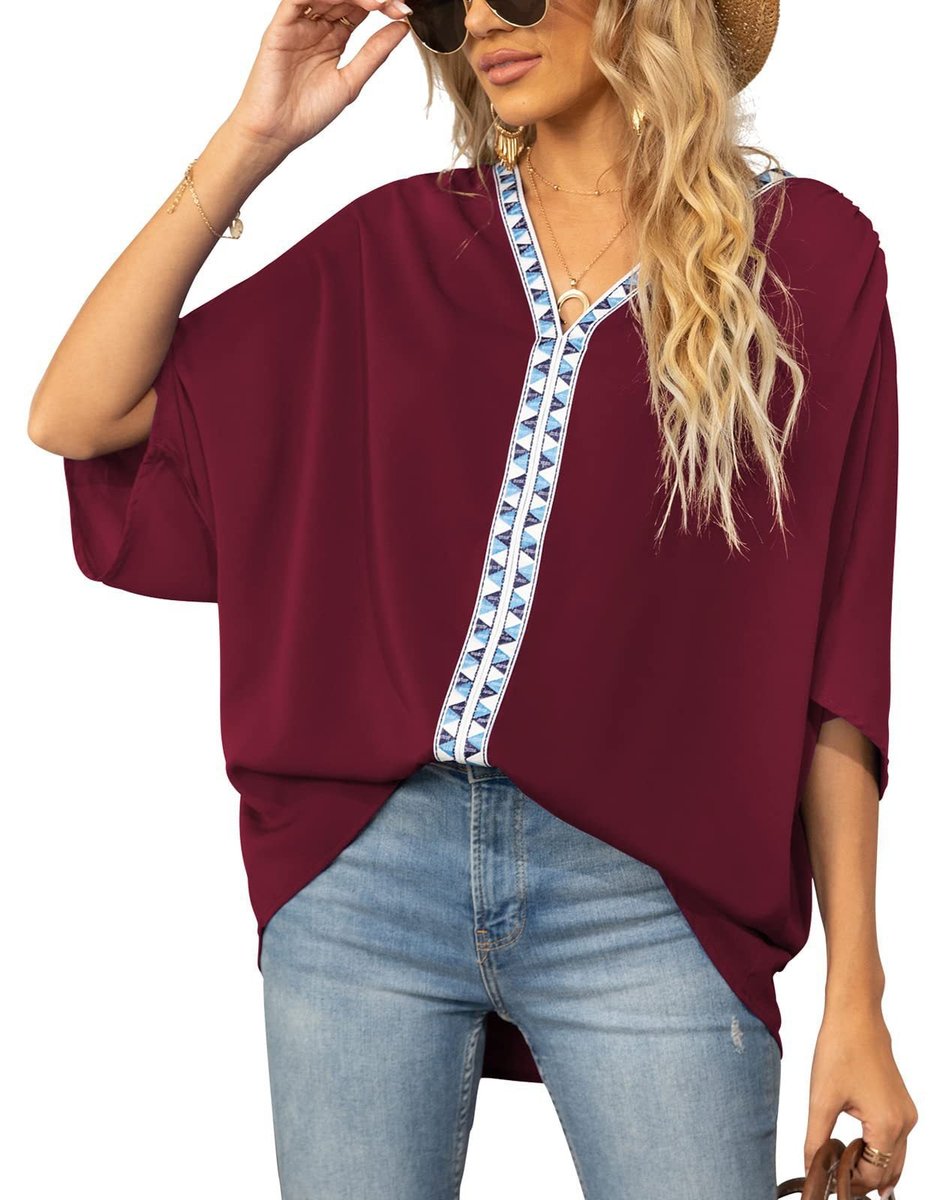 Women's Tunic Top | Geometric Trim Oversized V-Neck Blouse