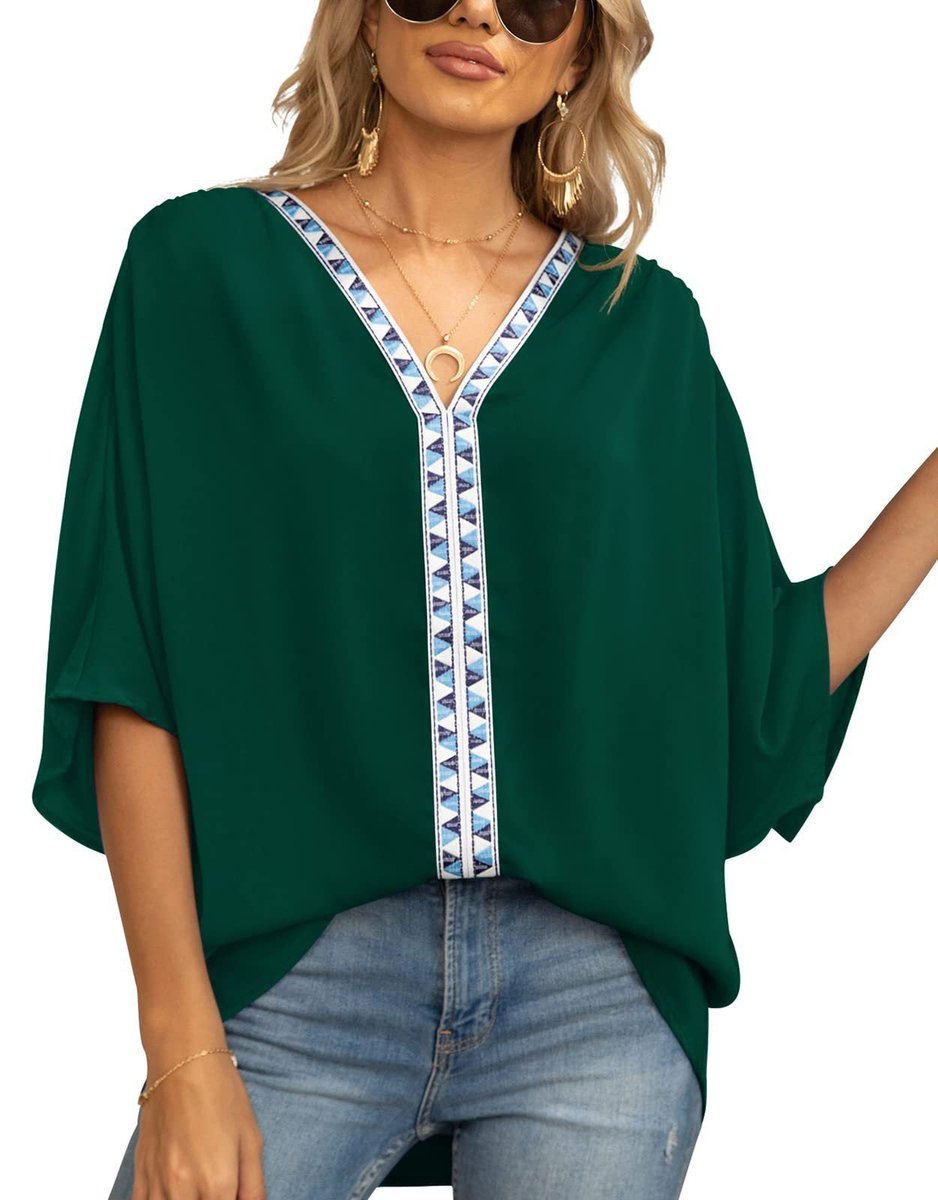 Women's Tunic Top | Geometric Trim Oversized V-Neck Blouse