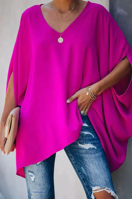 Women's Tunic Top | Magenta Batwing Sleeve V-Neck Blouse