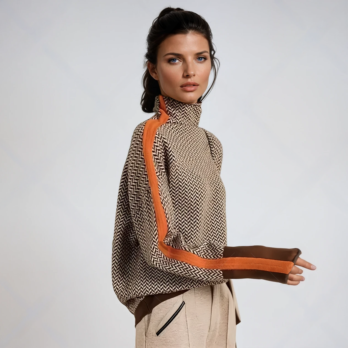 Women's Turtleneck Jumper | Contrast Stripe Design