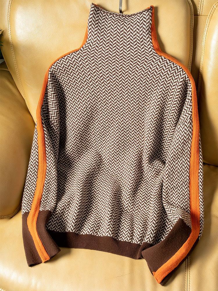 Women's Turtleneck Jumper | Contrast Stripe Design