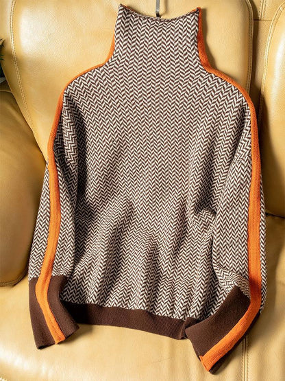 Women's Turtleneck Jumper | Contrast Stripe Design