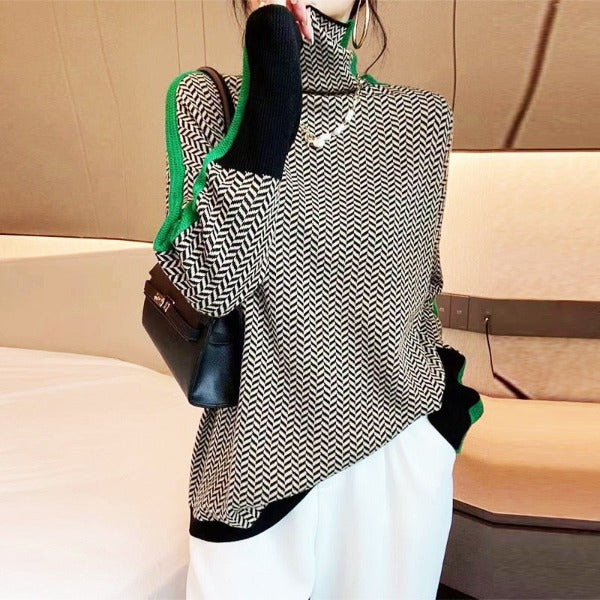 Women's Turtleneck Jumper | Contrast Stripe Design