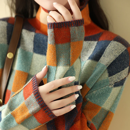 Women's Turtleneck Sweater | Patchwork Design & Cosy Comfort