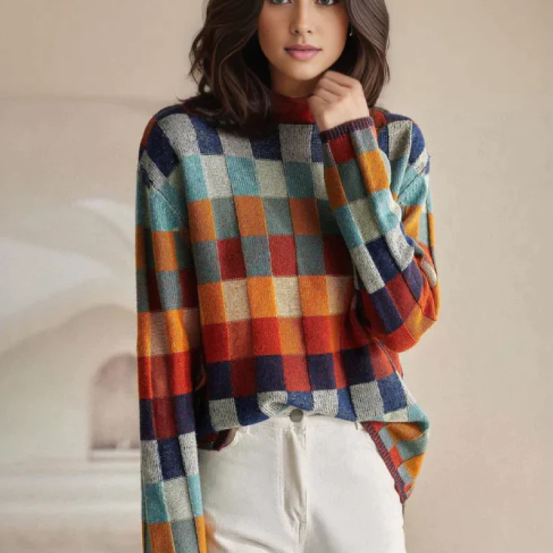 Women's Turtleneck Sweater | Patchwork Design & Cosy Comfort