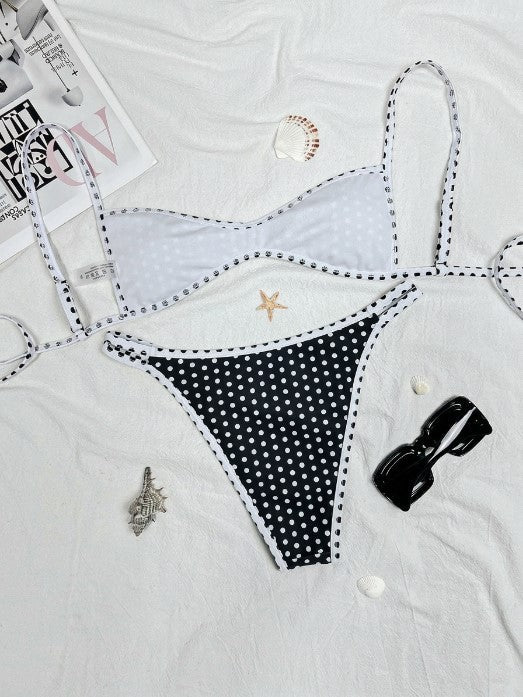 Women's Two Piece Bikini Swimsuit | Polka Dot & Backless Tie-Up