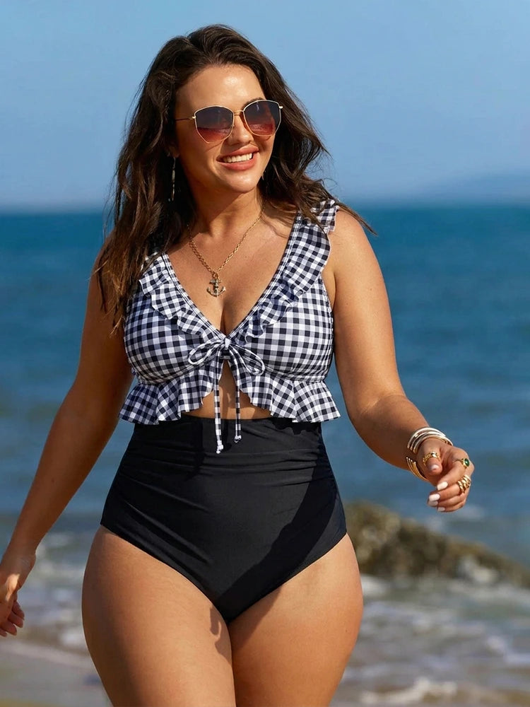 Women's Two Piece Bikini Swimsuit | Ruffle Trim & High Waist Tummy Control