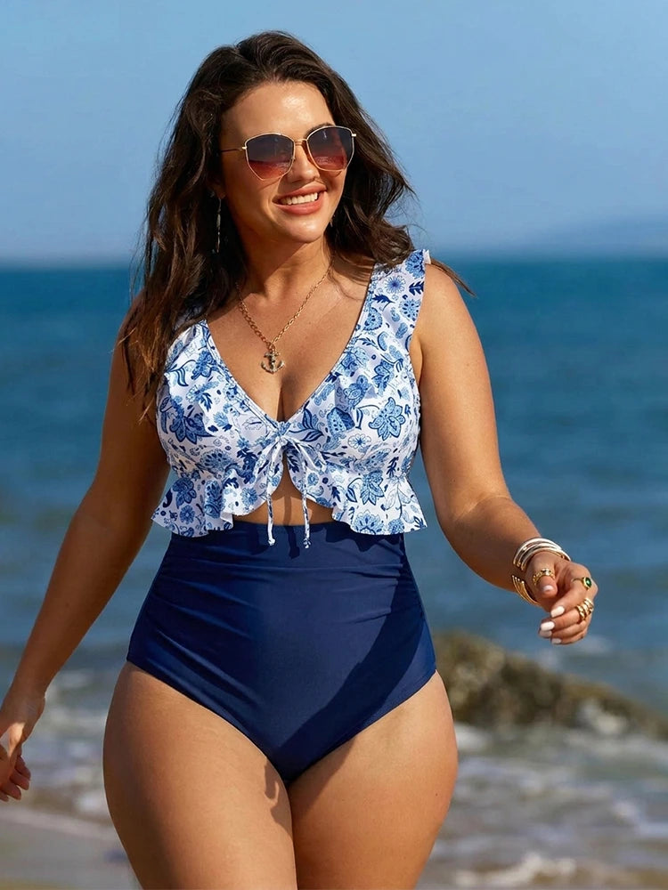 Women's Two Piece Bikini Swimsuit | Ruffle Trim & High Waist Tummy Control