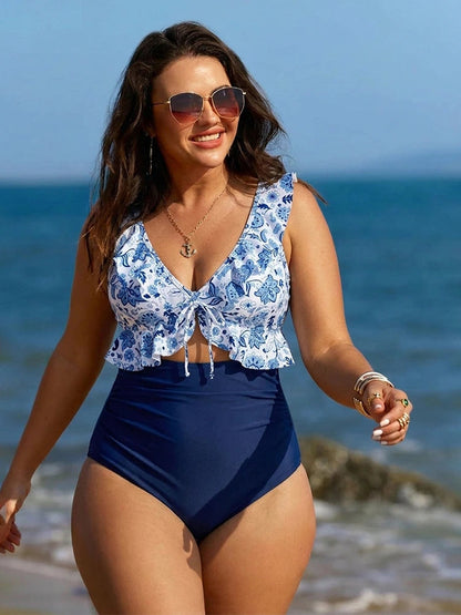 Women's Two Piece Bikini Swimsuit | Ruffle Trim & High Waist Tummy Control