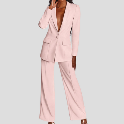 Women's Two Piece Set | Deep V Blazer, Wide Pressed Leg